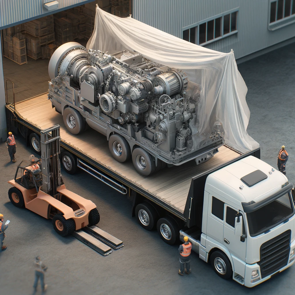 DALL·E 2024-05-22 18.35.23 - A highly realistic image of a small logistics company. The focus is on a medium-sized truck with a covered tarp (tente) and a smaller machine part bei