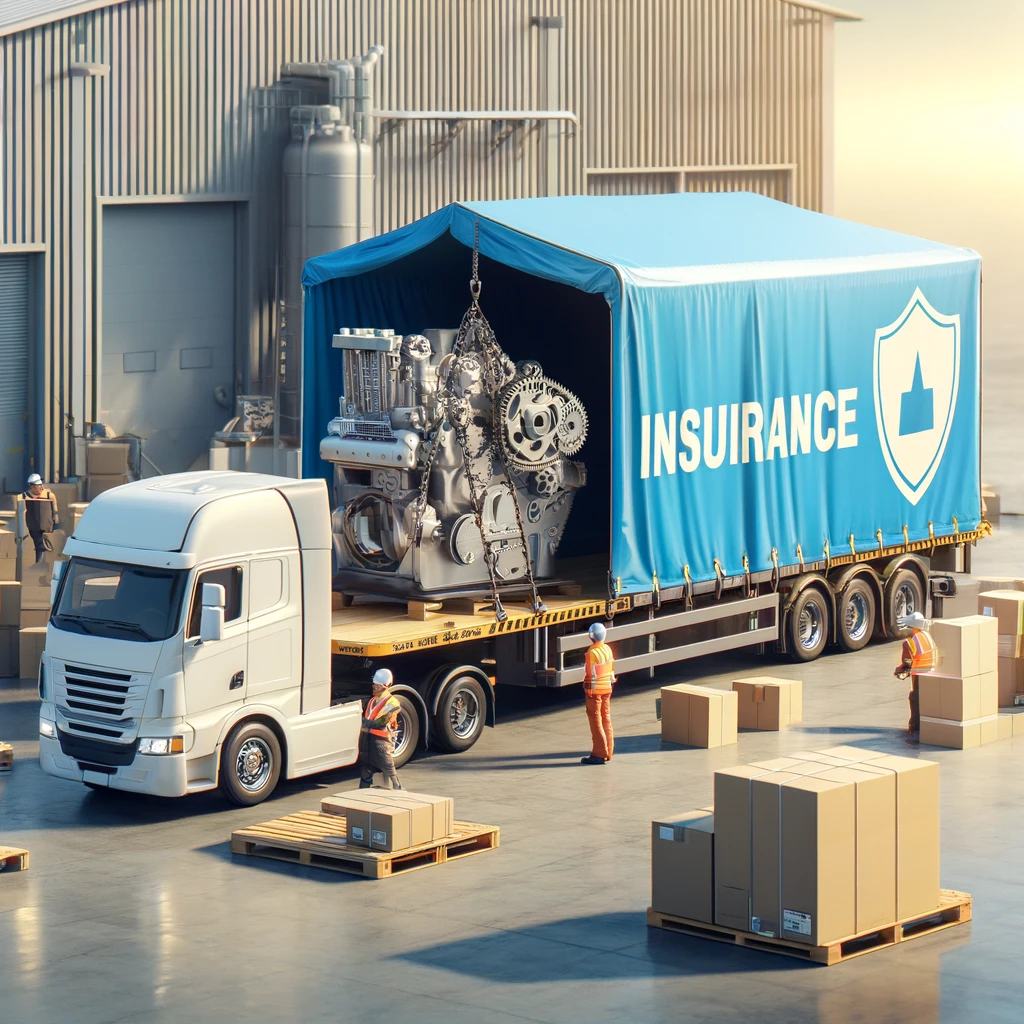 DALL·E 2024-05-22 18.37.41 - A realistic image showing the transportation of machinery with insurance protection. The scene includes a medium-sized truck with a covered tarp (tent